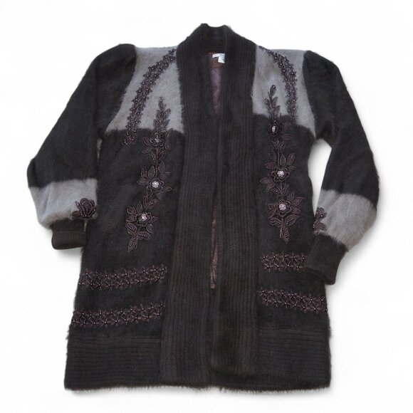 Naomi Korea Vintage Angora Lux Beaded Cardigan Sweater Brown / Grey Women's SS - Picture 1 of 8